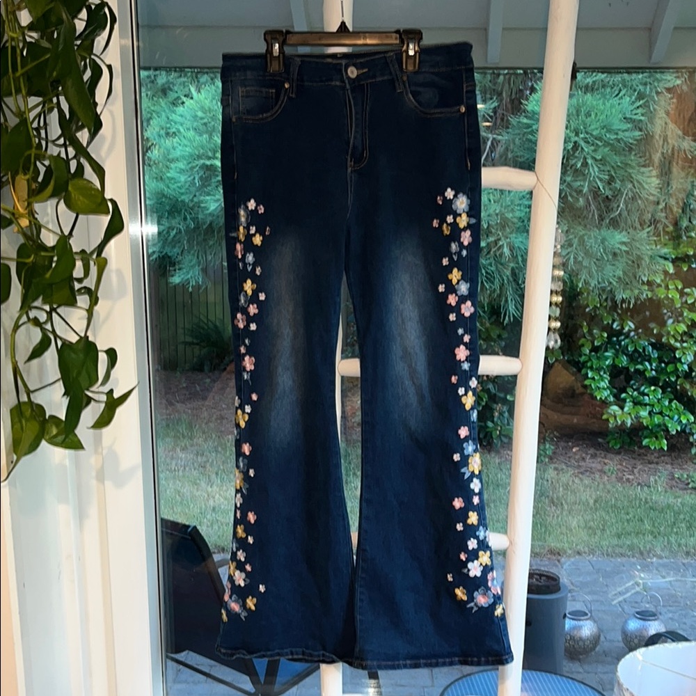 BAMBOO Blue Flare Wide Leg Jeans with Distinctive Side Panels